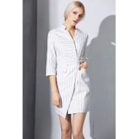 2017 fashion black / white stripe dress women business casual clothing office work dresses v neck buckle belt asymmetrical dress