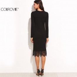 COLROVIE Elegant Dresses Women Business Casual Clothing Black Bodycon Dress Black Lace Trim Long Sleeve Pencil Dress 