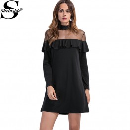 Sheinside Women Business Casual Clothing Sexy Mini Dresses Ladies Dresses Black High Neck Mesh Insert Ruffle Trim Dress 